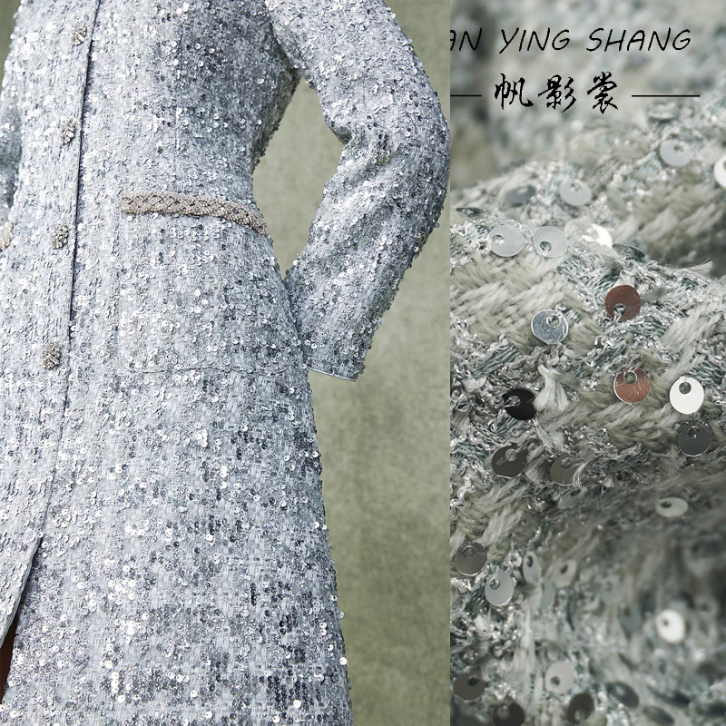 Sewing Tweed Fabric - Silver Gray Glitter Sequins Tweed Fabric