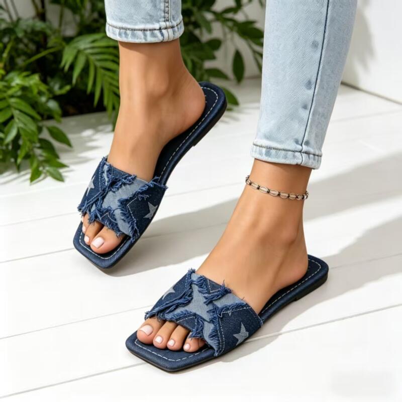 Y2K Denim Strap Flat Heel Sand - đánh giá và giá Sewing Factory