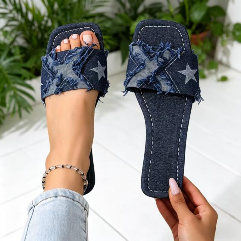 Y2K Denim Strap Flat Heel Sand - đánh giá và giá Sewing Factory