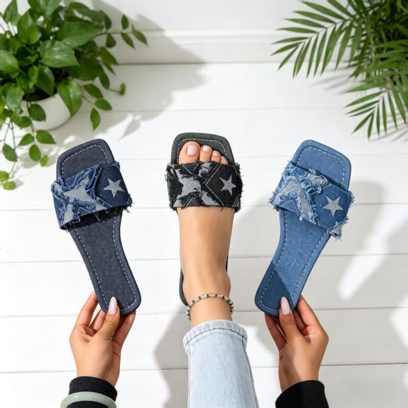 Y2K Denim Strap Flat Heel Sand - đánh giá và giá Sewing Factory