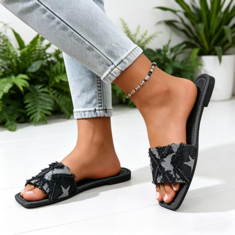 Y2K Denim Strap Flat Heel Sand - đánh giá và giá Sewing Factory